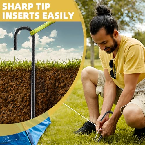 12 Inch Rebar Stakes, 8 Pack J Hook Heavy Duty Ground Stakes for Canopy Tent Trampoline and Chain Link Fence Rust Proof Coated Steel Ground Stakes Ground Anchors (Black) - color: J-8Pcs