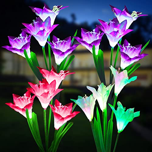 KOOPER Outdoor Solar Lights, 4 Pack Solar Garden Light with Bigger Lily Flowers, Waterproof 7 Color Changing Solar Lights Outdoor - Bigger Panel for Patio Yard Garden Decoration, Gift for Mom - size: 4 Pack