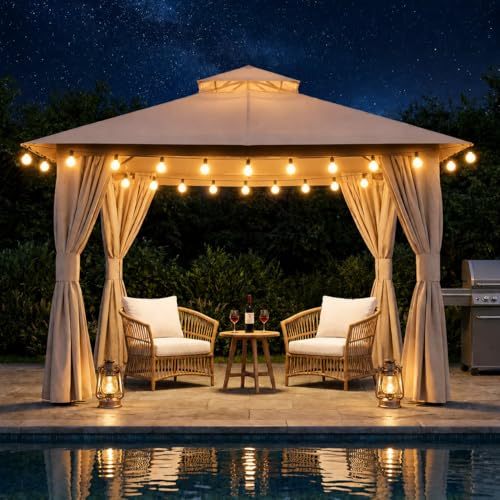 LAUSAINT HOME 8'x8' Outdoor Gazebo with 50FT String Lights, Metal Heavy Duty Patio Canopy Tent with Double Roofs, Mosquito Nettings and Privacy Screens for Backyard, Garden, Lawn, Khaki - color: Khaki, size: 8'x8' With String Lights