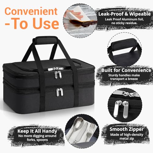 Insulated Double Casserole Carrier - Portable Casserole Carriers for Hot or Cold Food Lunch Tote Warmer or Cooler Bag for Potluck Parties Picnic Cookouts, Fits 9" x 13" Baking Dish -Black - color: Black