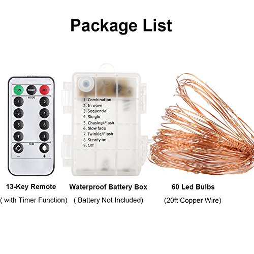 GDEALER 2 Pack 20 Feet 60 Led Fairy Lights Battery Operated with Remote Control Timer, 8 Modes Waterproof Copper Wire Twinkle String Lights for Bedroom Party Indoor- Warm White - color: Warm White