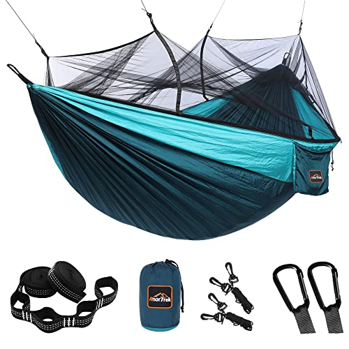 AnorTrek Camping Hammock with Mosquito Net, Double & Single Lightweight Portable Hammocks with Tree Straps, Parachute Hammock for Camping, Backpacking - color: Blue&dark Blue, size: Single 102"L x 55"W