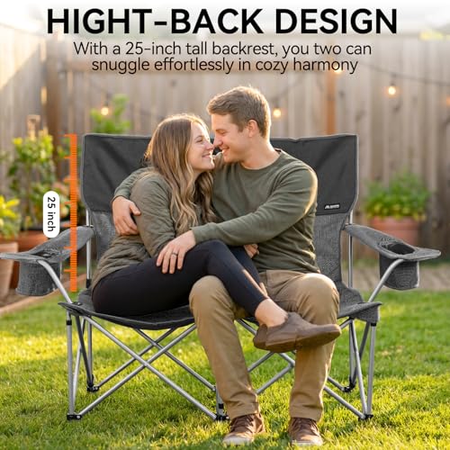 Huskfirm Low Camping Chair Lightweight Double Camping Chair Heavy Duty 2 Person Camping Chair with Cup Holders Padded High Back Camping Loveseat Supports 500 LBS-Grey