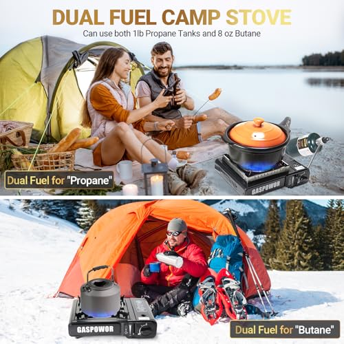 Propane or Butane Stove Dual Fuel Stove Portable Camping Stove, 10,000 BTU Butane Propane Stove with Carrying Case&Windblocker, Automatic Ignition for Emergency Preparedness Kit (Fuel Not Included) - color: Coal black