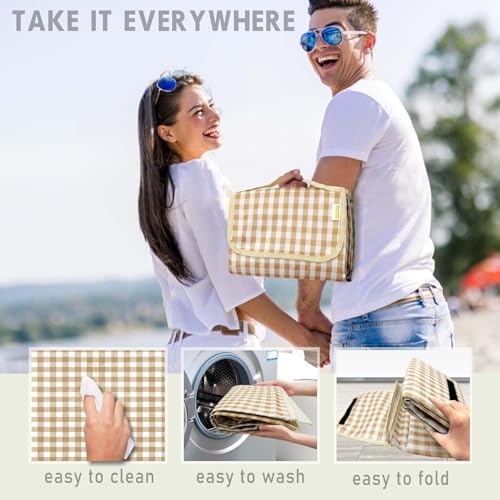 SAMSIER Outdoor Picnic Blankets Waterproof Foldable Sandproof, Extra Large Gingham Cute Picnic Mat Washable Portable for Park Beach Camping Courtyard (Coffee, 80"×80") - color: Coffee, size: 6'8" x 6'8" (Square)