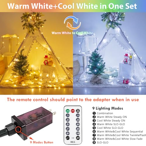 75.8 FT 200 LED Color Changing Christmas String Lights with Remote & Timer & Memory Function, 9 Lighting Modes Waterproof Fairy Lights for Xmas Tree Yard Holiday Party Garden (Warm White & Cool White) - color: Warm White & Cool White, size: 200LED