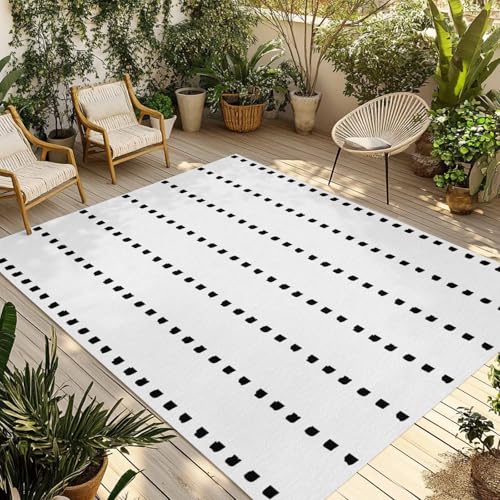 Outdoor Rug, Boho Black Geometric Dots on White Indoor Area Rug Outdoor Carpet RV Camping Rugs 5x8ft Modern Simplistic Style Outside Mat for Patio Picnic Porch Deck Balcony Backyard - size: 5' x 8' (Rectangular)