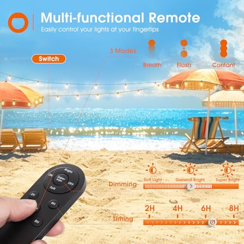 addlon 200FT(192+8) Solar String Lights Outdoor Waterproof with 6W Panel USB & Remote Control Patio Lights Long Last for 20+Hrs Dimmable Solar Power LED Bulbs for Porch Garden Market Bistro Backyard - size: 192+8FT(60 Sockets)
