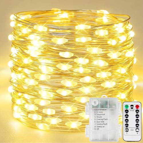 200LED 66FT Fairy Lights Battery Operated with Remote, 1 Pack Twinkle Lights Waterproof for Outdoor & Indoor, 8 Modes String Light Timer for Christmas Party Wedding Birthday Home DIY Décor(Warm White) - color: Warm White, size: 1 Pack 200led