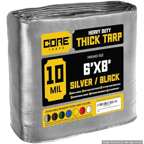 Core Tarps Heavy Duty 10 Mil Tarp Cover, Waterproof, UV Resistant, Rip and Tear Proof, Poly Tarpaulin with Reinforced Edges for Roof, Patio, Pool, Boat (Silver/Black 6′ X 8′) - color: Silver/Black-10 Mil, size: 6′ X 8′