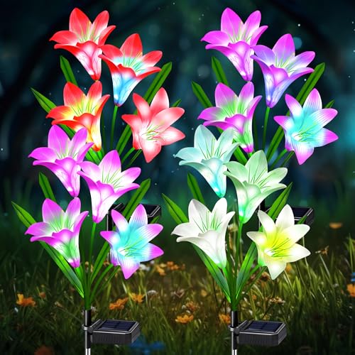 ostritec Solar Lights Outdoor Waterproof, 4 Pack Garden Decor Lights, 16 Multi-Color Changing Lily Solar Flowers for Yard Patio Pathway Decor, Gifts for Women Mom (4 Pack) - style: Multi-Color Lilies-4 Pack