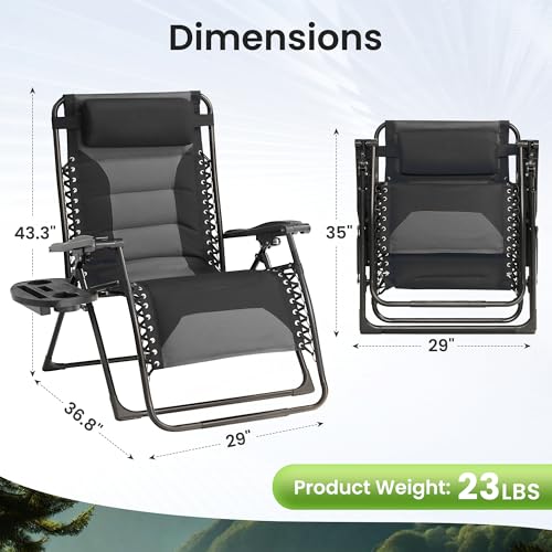Zero Gravity Chair Oversized Padded Recliner with Adjustable Headrest & Cup Holder - XL 600D Oxford Folding Lounge Chair for Outdoor Camping, Patio, Poolside (Upgraded Black & Gray) - color: Upgraded Black & Gray, size: 1 PCS