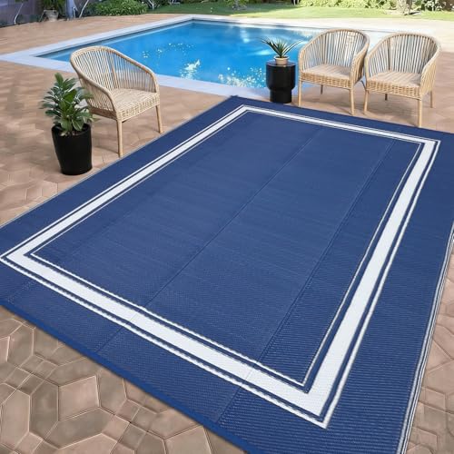 GarveeHome Outdoor Patio Rug 9x12 Waterproof Reversible Outdoor Plastic Straw Rug Bordered Patio Rugs Carpet RV Mat for Deck Backyard Patio RV Camping Beach with 4 Stakes and Portable Bag, Navy&White - color: Border|navy, size: 9' x 12' (Rectangular)