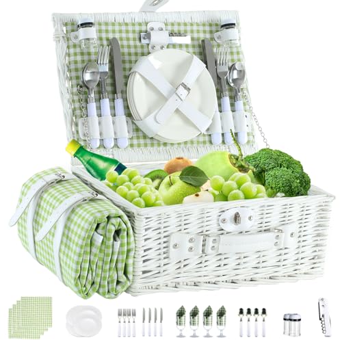 Neti Neti Wicker Picnic Basket for 4 with Insulated Cooler & Waterproof Blanket – Large Willow Picnic Hamper for Outdoor, Camping, Beach, Romantic Dates, Valentine’s Day - color: Green Plaid