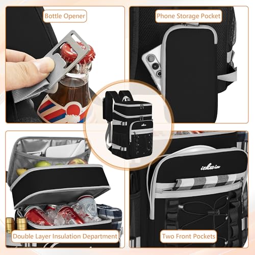 Cooler Backpack, 40 Cans Insulated Lunch Backpack Picnic Backpack for Men&Women, Durable Cooler Bag with 2 Leak Proof Compartments for Picnic, BBQ Camping, Lunch, Beach, Hiking, Black - color: Black