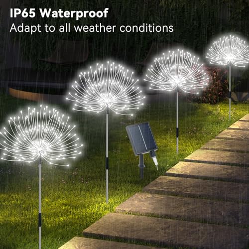 Slyuexu Solar Garden Lights Outdoor Waterproof, 4 Pack Total 480 LED Solar Firework Lights Decorative with 8 Lighting Modes Outside for Yard Pathway Flowerbed Decor, White - color: White, size: 4 Pack