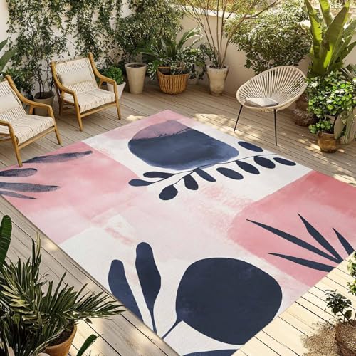 Outdoor Rug 6x9ft, Boho Abstract Leaves Pink Gradient Indoor Area Rug for Patio Backyard Deck Large Floor Mat, Morandi Color Nordic Style Non-Slip Outside Carpet Balcony Porch Camping Rugs Picnic Mat - size: 6' x 9' (Rectangular)