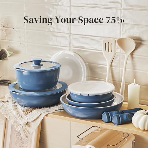 Redchef 16pcs Ceramic Nonstick Pots and Pans Set, Kitchen Cookware Set with Removable Handle, Non Toxic Cookware Set, PFAS PFOA & PTFE Free, RV Ceramic Cookware for Camping, Dishwasher/Oven Safe - size: 16 pcs Blue