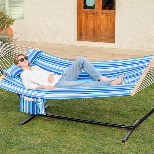 GAFETE 2 Person Hammock with Stand for Outside, 12ft Heavy Duty Steel Stand, Double Hammocks with Hardwood Spreader Bar, Large Removable Pillow, Side Pockets, Max 475 lbs Capacity (Ocean Blue) - color: Ocean Blue