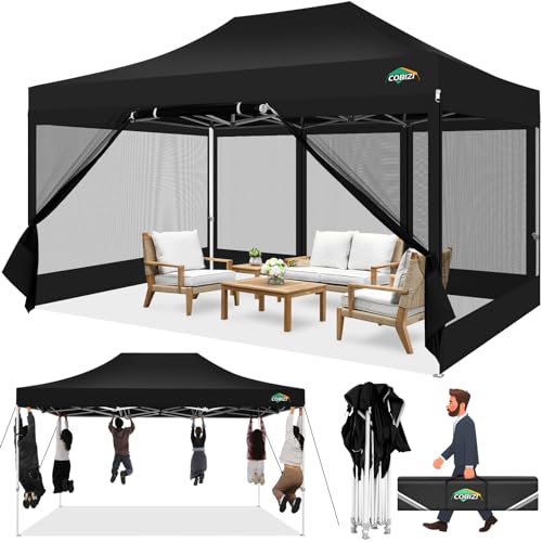 COBIZI 10x15 Heavy Duty Pop up Canopy with 4 Sidewalls, Canopy Tent with Mosquito Netting, Easy up Screen Party Tents for Parties Wedding Patio Backyard Commercial Gazebo with Handbag, Black - color: Black, size: 10x15ft(standard)
