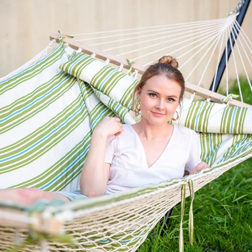 SUNCREAT Portable 2 Person Hammock with Hardwood Spreader Bar, Cotton Rope Outdoor Hammock with Polyester Pad, Green&Beige - color: Green&beige