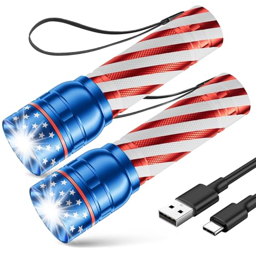 RECHOO Rechargeable Flashlight 2 Pack, Bright Military Torch High Lumens with Adjustable Focus & 3 Lighting Modes, Waterproof Led Flashlight for Camping Home, Gifts for Man - color: American flag, size: 2 Pack