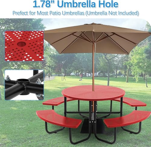 46-inch Red Round Outdoor Picnic Table with Umbrella Hole - Heavy Duty Coated Steel Metal Patio Dining Set for Garden, Courtyard, BBQ & Commercial Use - color: Red-round