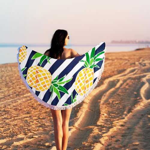 Benefeet Sox Beach Towel Large Round Mandala Pool Towels Tassels Microfiber Quick Dry Beach Blanket Throw Bohemian Roundie Swim Pool Circle Towel, 59 Inches - color: White Navy Striped Yellow Pineapple