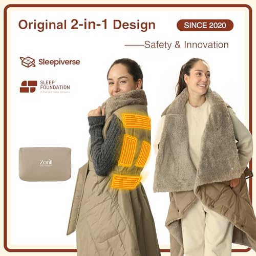 ZonLi Electric Wearable Heated Blanket, 2-in-1 Design Portable Cordless Heated Blankets Battery Operated Heated Shawl Blanket, Rechargeable Power Bank for Home, Office, Travel, Gift for Christmas - color: Khaki