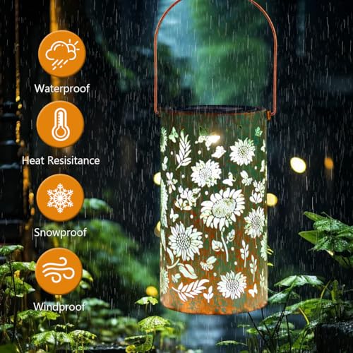 Solar Lanterns Outdoor Waterproof,Hanging Solar Lights for Garden Decor Outside,Sunflower Gifts for Women,Metal Lanterns Decorative Outdoor for Yard,Patio,Backyard,Porch-2 Pack - style: Sunflower-2 Pack