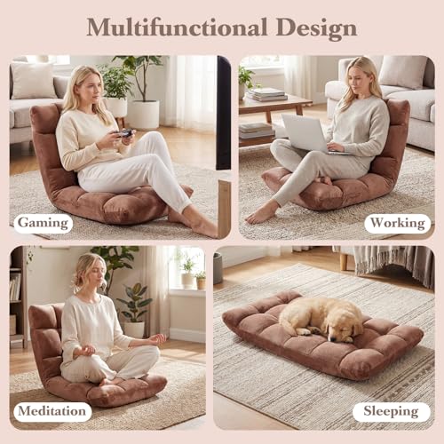Giantex Folding Floor Chair with Back Support, 14 Adjustable Position, Padded Sleeper Bed, Couch Recliner, Gaming Video Chairs for Adults, Meditation, Living Room (Brown) - color: Tan, size: 26"x21"x21"