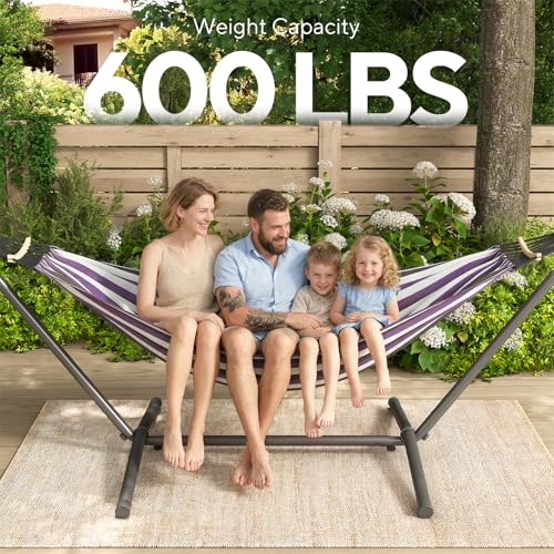 600lbs Hammock with Stand for Outside, 2 Person Portable Hammock with Side Storage, Carrying Bag, Expend Wooden Bar for Outdoor or Indoor (Purple Black) - color: Purple Black