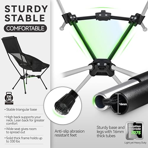 MARCHWAY Lightweight Folding High Back Camping Chair with Head Support, Stable Portable Compact for Outdoor Camp, Travel, Beach, Picnic, Festival, Hiking, Backpacking (Highback Black) - color: Highback Black