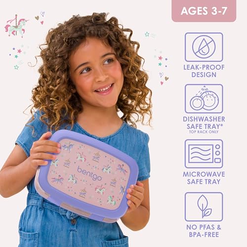 Bentgo Kids Prints Leak-Proof, 5-Compartment Bento-Style Kids Lunch Box - Ideal Portion Sizes for Ages 3-7, Durable, Drop-Proof, Dishwasher Safe, & PFAS & BPA-Free Materials (Carousel Unicorns) - color: Carousel Unicorns