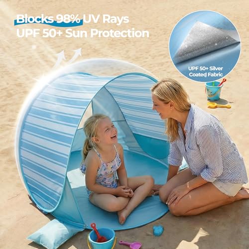 Pop Up Baby Beach Tent - Baby Tent for Toddler Beach Essentials with UPF 50+ UV Protection Canopy, Portable 41.4 x 35.5 x 31.5 in Sun Shade Summer Outdoor for Infants (Blue Stripes) - color: Blue Stripes