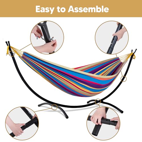 SUNCREAT Portable Large Hammock with Stand, Two Person Hammock with Stand Included, Rainbow Stripes - color: Yellow Purple