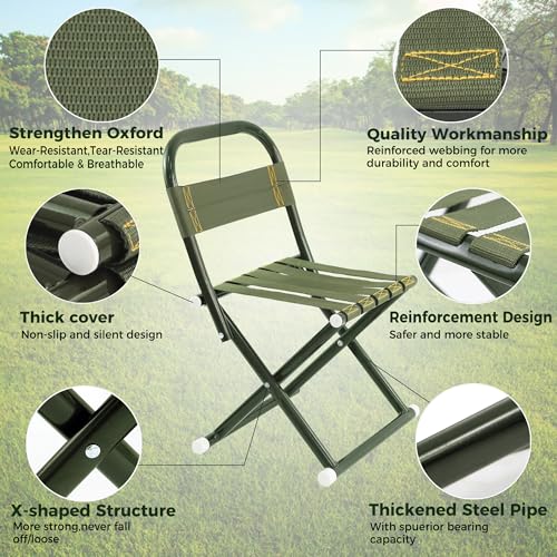 Portable Camping Chair, Full Steel Frame Folding Stool with Back, 400LBS Capacity Military Green Outdoor Chair for Adults, Heavy-Duty Webbing Seat, Compact Foldable Design for Hunting, Fishing, Hiking