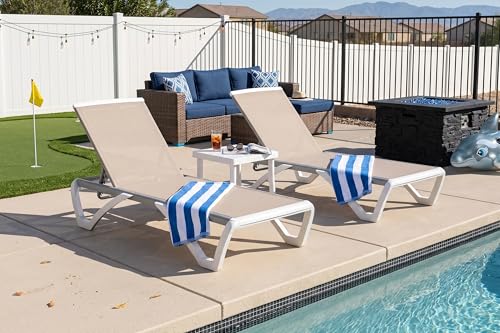 PURPLE LEAF Patio Chaise Lounge Chair Set of 3 Outside Aluminum Plastic Stackable Tanning Chairs for Pool Sunbathing Beach Deck Outdoor Lounger, Khaki - color: Khaki, style: 2 chairs + 1 table