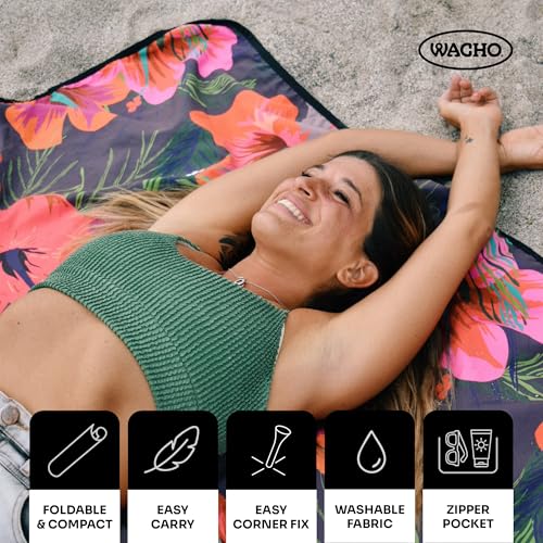 Wacho Beach Blanket Waterproof Sandproof and Picnic Blanket - Large Outdoor Blanket for Camping, Beach & Travel - Foldable Picnic Mat with Carry Bag- Beach Essentials - Hibiscus Floral - color: Red and Dark Blue