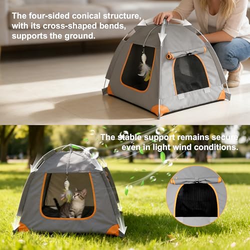 Portable Cat Tent for Indoor & Outdoor Use – UV Protection, Waterproof Pet Tent with Soft Cushion, Feather Toys, Easy Setup, Collapsible Cat House for Cats S