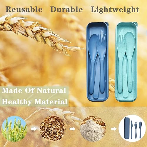 Reusable Travel Utensils Set with Case, 2 Sets Wheat Straw Portable Plastic Fork Spoons Knife Cutlery, Camping Eco-Friendly BPA Free Tableware for Kids Adults Work Picnic or Daily Use (Blue+Green) - color: Green + Blue