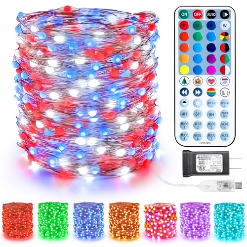 BrizLabs Color Changing Fairy Lights, 66ft 200 LED Red White Blue Fairy Lights with Remote, July 4th Lighting with Timer Dimmable Twinkle Light Music Sync for Indoor Xmas Halloween 4th of July Party - color: 200 LED (Sliver Copper Wire)