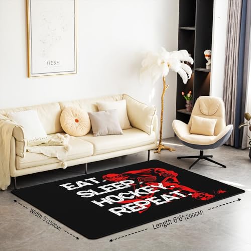 Hockey Area Rug 5x7 for Kids Boys Teens,Black Red Grey Eat Sleep Hockey Carpet,Ice Hockey Player Indoor Floor Mat Bedroom Decor,Graffiti Winter Sports Game Area Runner Rug - color: Color 22, size: 4'11" x 6'6" (Rectangular)