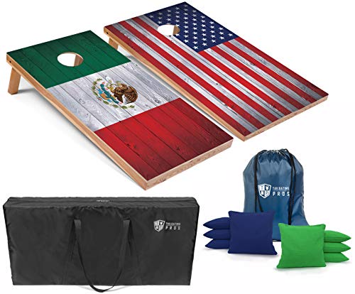 Tailgating Pros Regulation Cornhole Boards Flag Set - Includes 8 Bean Bags, Carrying Cases, and 4'x2' Corn Hole Toss Game w/Ring Light - color: Mexico/US Flag