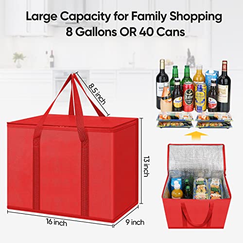 BALEINE 2Pk Insulated Reusable Grocery Bags, Collapsible Cooler Bag for Groceries, Heavy Duty Large Insulated Bag (16''x9''x13'', Bright Red) - color: Bright Red