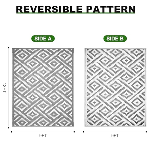 RURALITY Outdoor Rugs 9x12 Feet for Patios Clearance,Plastic Straw Waterproof Mats for Backyard,Porch,Deck,Balcony,Grey&White - color: Cross-grey&white, size: 9' x 12' (Rectangular)