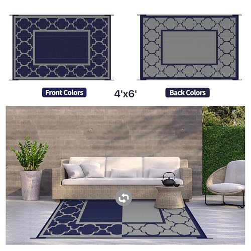 GENIMO 4 ' x 6 ' Outdoor Rug for Patio Clearance, Waterproof Indoor Outdoor Plastic Straw Rugs Carpet, Reversible Outside Area Rv Mat for Camping, Balcony Porch, Deck, Picnic, Beach (Blue & Gray) - color: Blue & Grey, size: 4' x 6' (Rectangular)