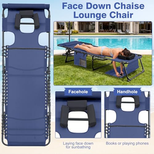 Face Down Chaise Lounge Chair Set of 2, 5-Position Adjustable Sunbathing, Foldable Tanning Chair with Face& Arm Holes, Outdoor Recliner Chair for Pool, Beach, Patio, Lawn (Dark Blue, 2 Pcs) - color: Navy Blue&hole