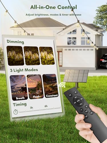 50FT Solar String Lights Outdoor Waterproof, 18+1 LED Solar Powered Lights with Remote Control, 3 Light Modes & Dimmable, USB-C Charging for Patio, Backyard, Garden, Camping - size: 50FT