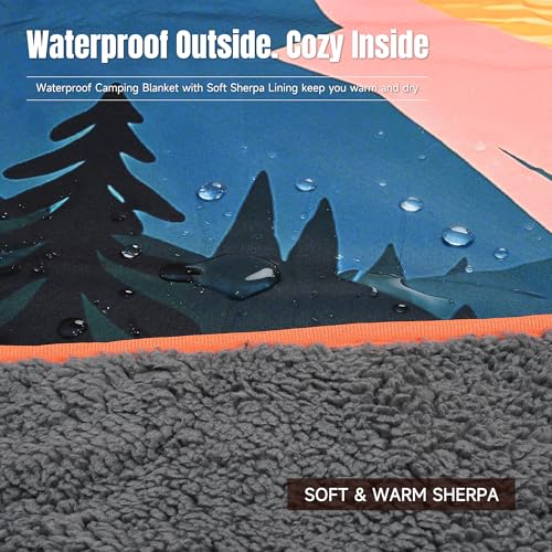 Tirrinia Waterproof Outdoor Blanket with Sherpa Lining, Windproof Triple Layers Warm Comfy Foldable for Camping Stadium, Beach, Picnic, Grass, Concerts, Car, Dog, 51''X 59'' & 59''X 80'' - color: Orange Sun, size: 51” x 59”